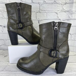 Modern Rebel Womens Colomba Heeled Boots‎ Olive Size 8.5 Ankle Biker Boot Zip